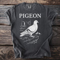 Dark grey t-shirt with white text "PIGEON" and a pigeon graphic.