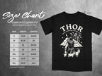 Size chart for Comfort Colors 1717 heavyweight adult tee with Thor graphic.