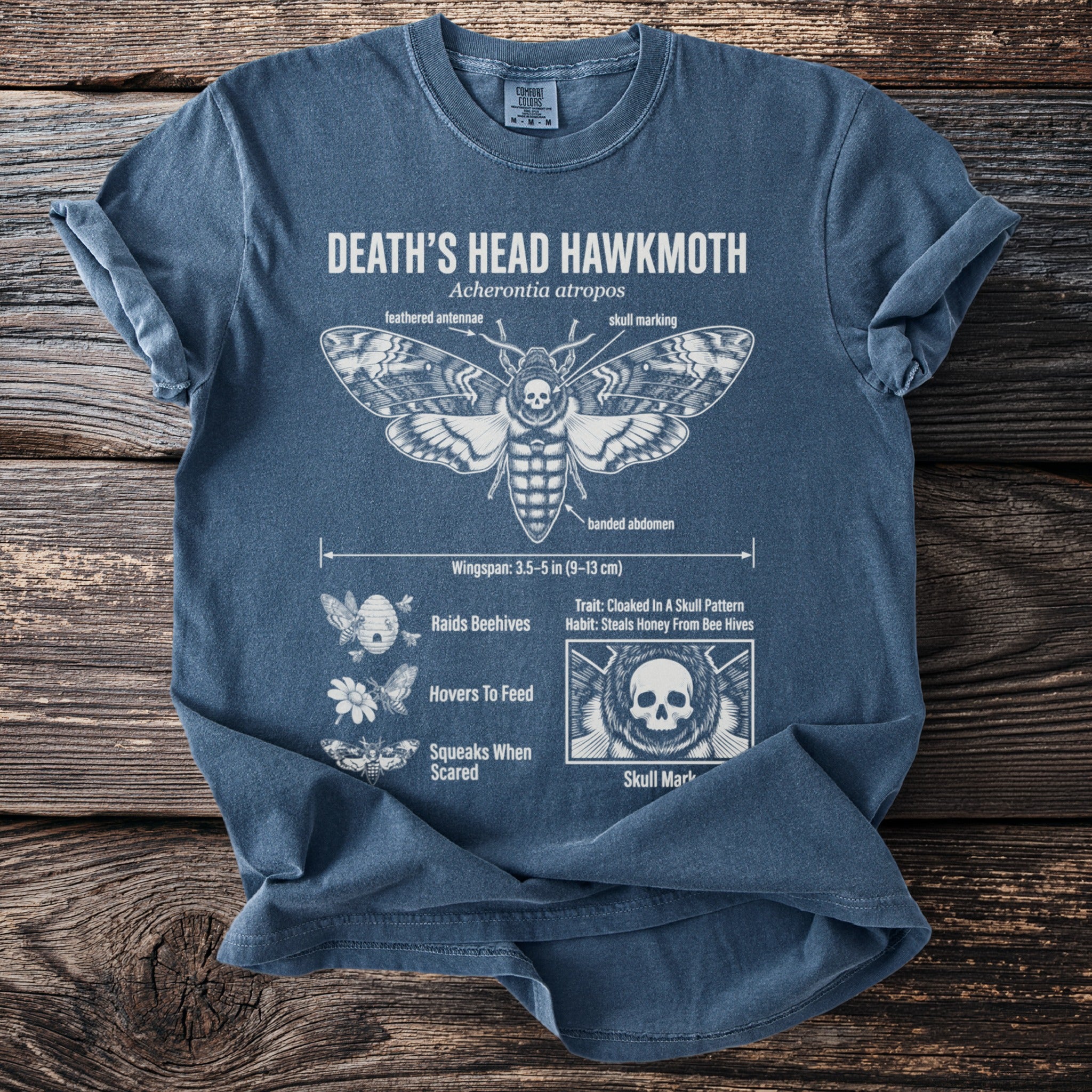 T-shirt with Death's Head Hawkmoth diagram, scientific name, and facts.