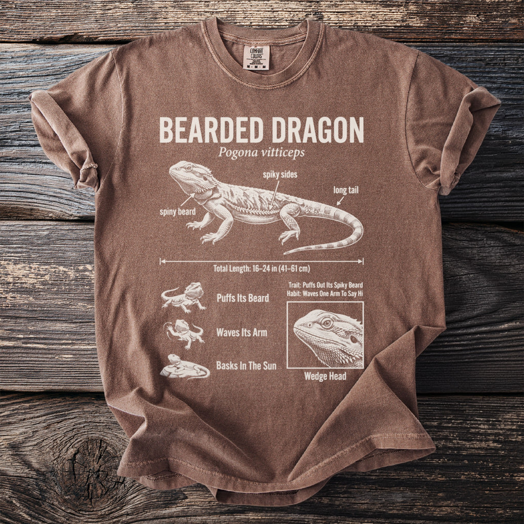 Brown t-shirt with a detailed diagram and text about bearded dragons and their traits.