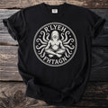 Black t-shirt with a circular graphic of a seated figure with tentacles and an eye, reading "R'LYEH FHTAGN".