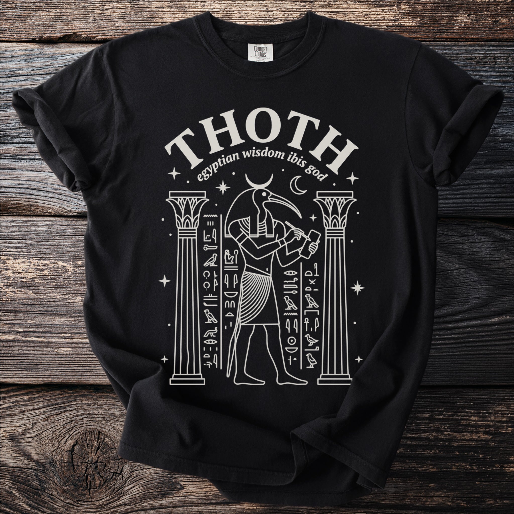 Black t-shirt with Thoth Egyptian wisdom ibis god design and hieroglyphs.