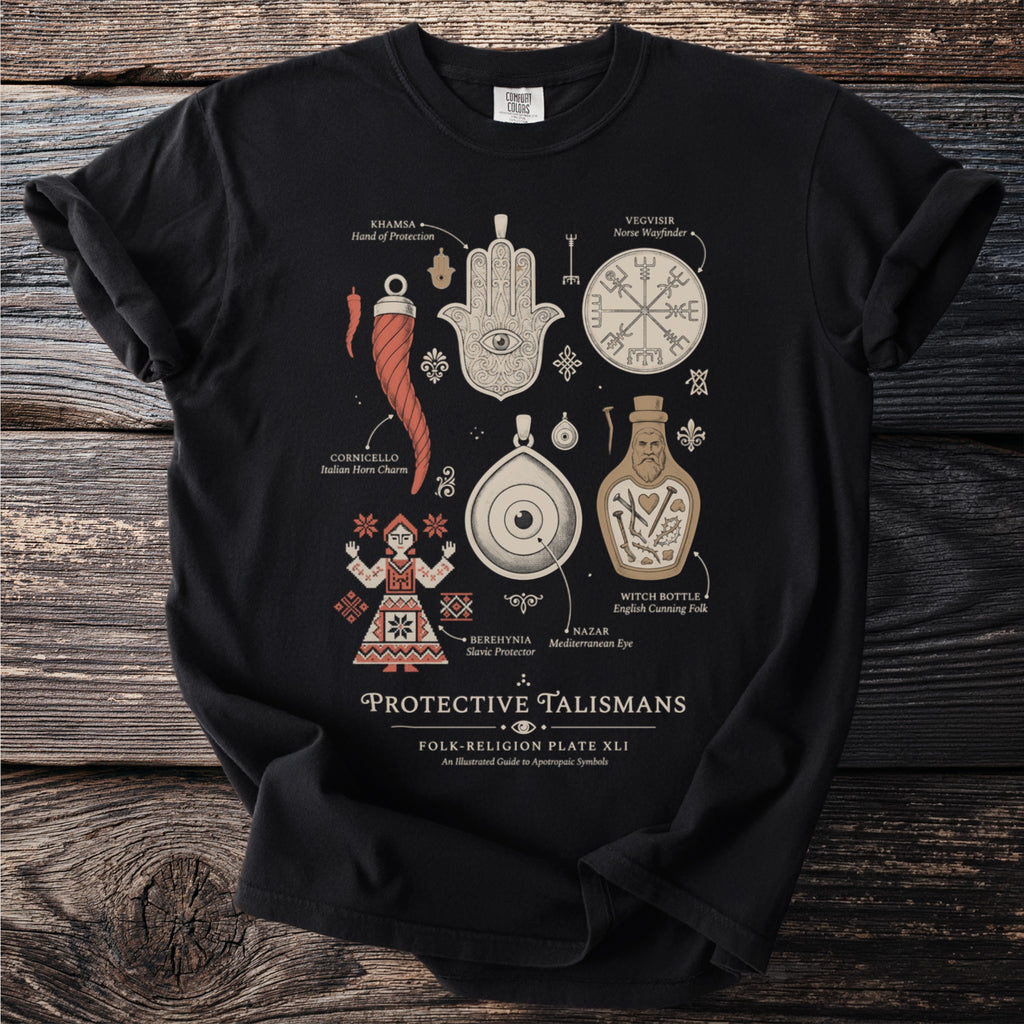 Black t-shirt with "Protective Talismans" design featuring various symbols and text.