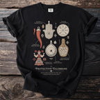Black t-shirt with "Protective Talismans" design featuring various symbols and text.