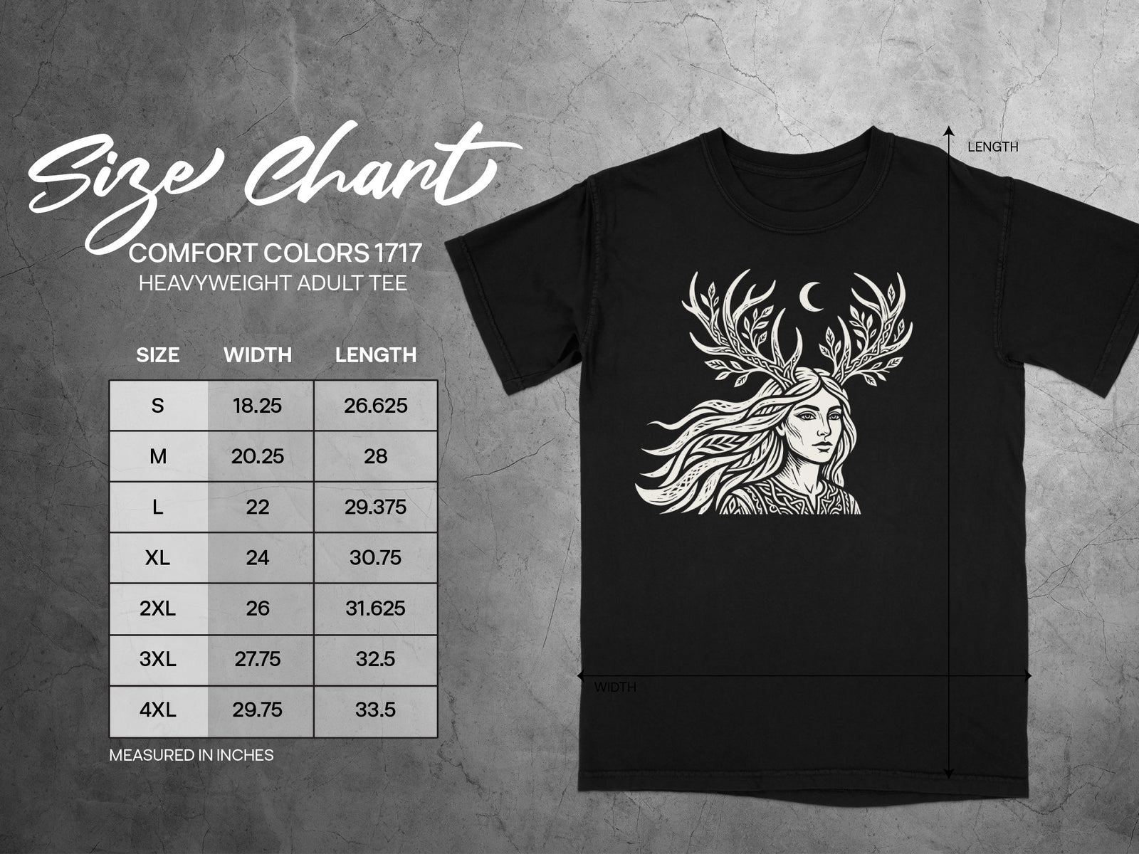 Comfort Colors 1717 heavyweight adult tee size chart with measurements in inches.