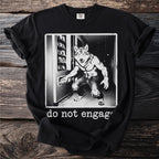 Black t-shirt with a werewolf by a vending machine and text "do not engage".