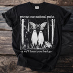 Black t-shirt with "protect our national parks" and spooky forest creatures.