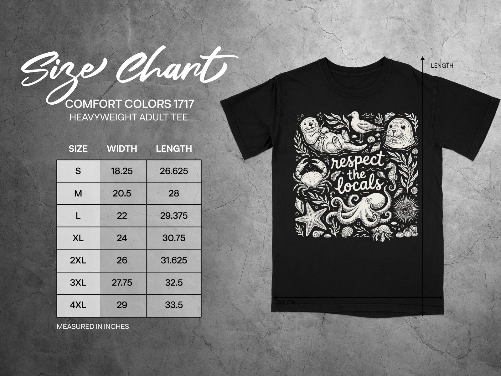 Size chart for Comfort Colors 1717 heavyweight adult tee with measurements.