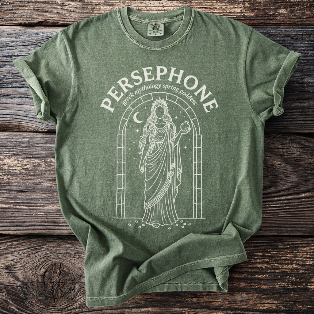Green t-shirt with Persephone, Greek mythology spring goddess, graphic design.
