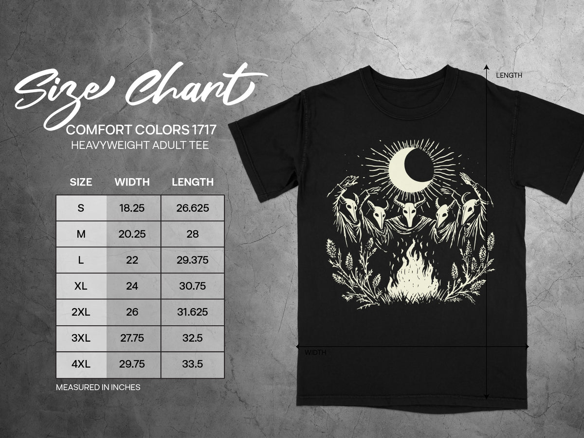 Comfort Colors 1717 heavyweight adult tee size chart with width and length measurements in inches.