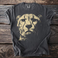 Charcoal t-shirt with a close-up graphic of a cheetah's face in tan.