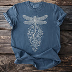 Blue t-shirt with a detailed cream dragonfly and floral design.