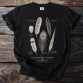 Black t-shirt with illustration of seven bird feathers and text "The Plumage Cabinet".