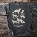 T-shirt featuring an illustration of various fox species with their scientific names.