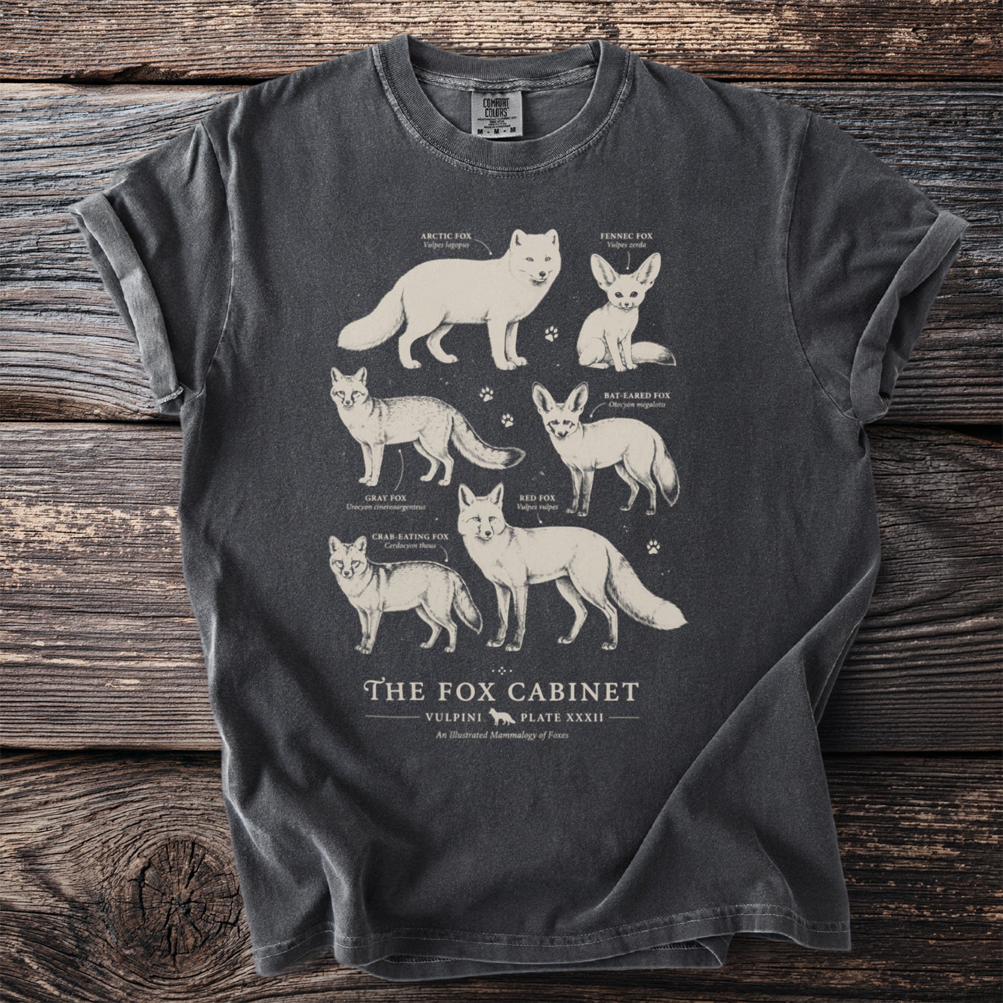 T-shirt featuring an illustration of various fox species with their scientific names.