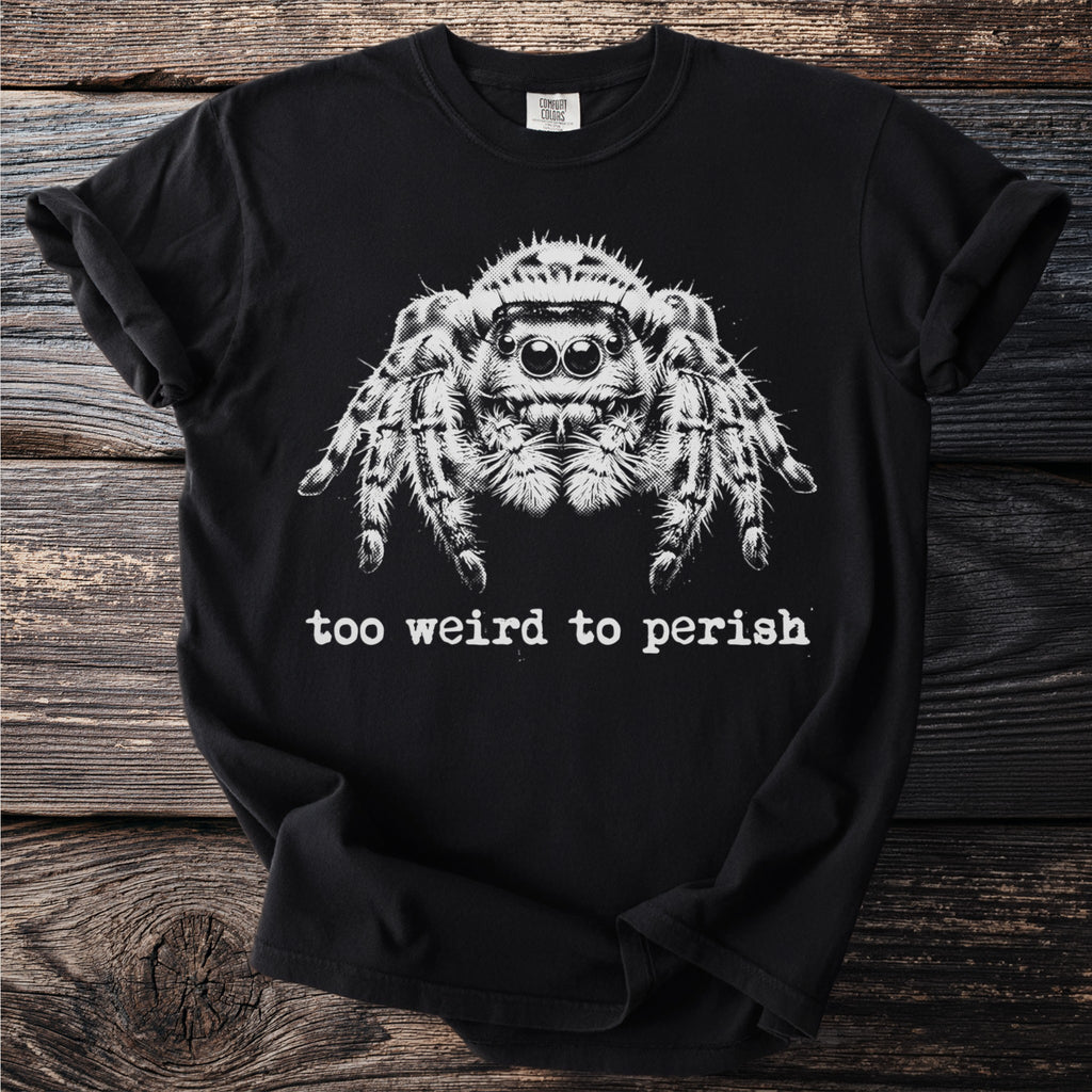 Black t-shirt with a detailed jumping spider graphic and "too weird to perish" text.