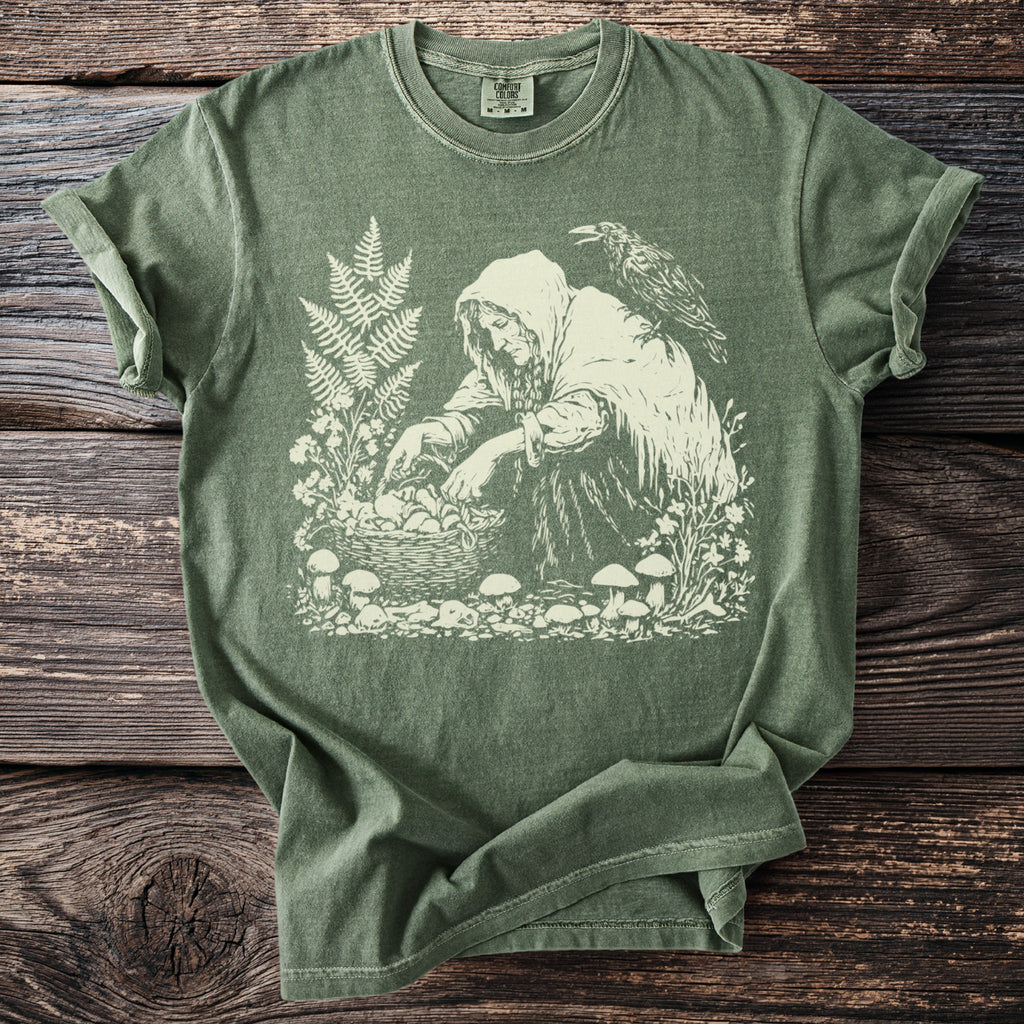The Mushroom Forager: Raven on Her Shoulder