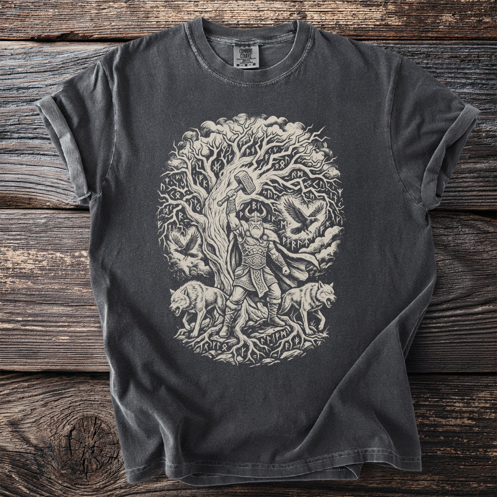 Dark grey t-shirt with Norse art: Odin under tree with wolves and ravens.