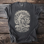 Dark grey t-shirt with Norse art: Odin under tree with wolves and ravens.