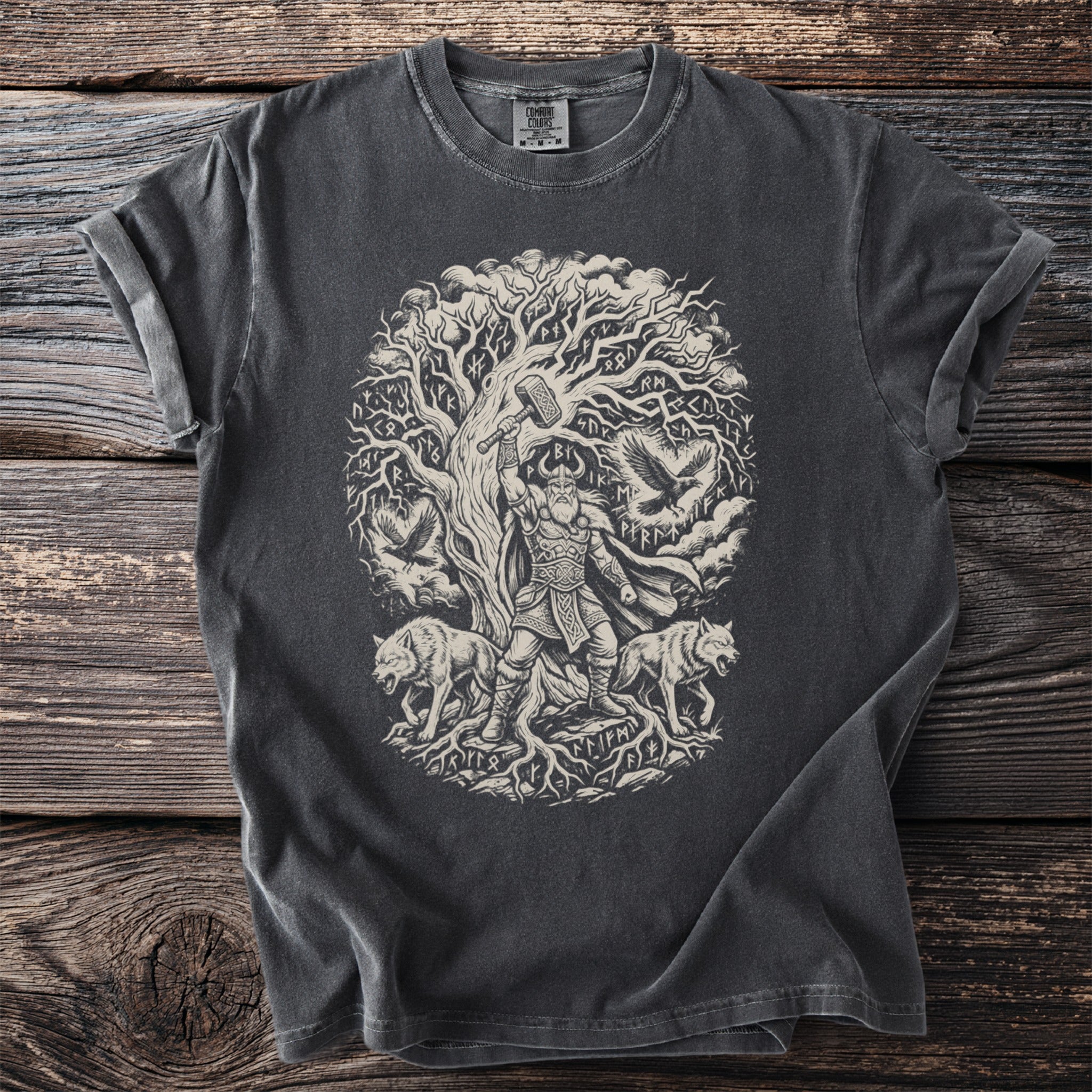 Dark grey t-shirt with Norse art: Odin under tree with wolves and ravens.