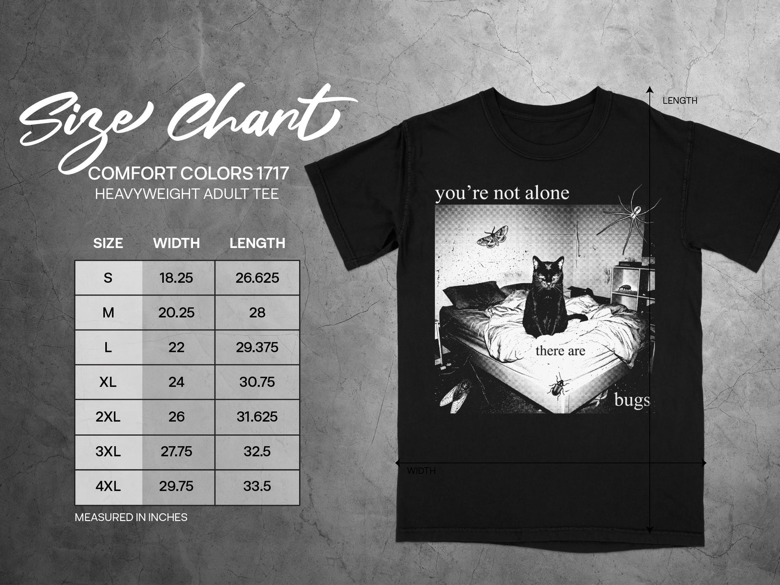 Comfort Colors 1717 heavyweight adult tee size chart with dimensions in inches.