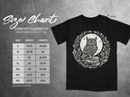 Size chart for Comfort Colors 1717 heavyweight adult tee with owl graphic.