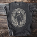 Dark gray t-shirt showing one-eyed Odin with two ravens, a staff, moon, and runes.