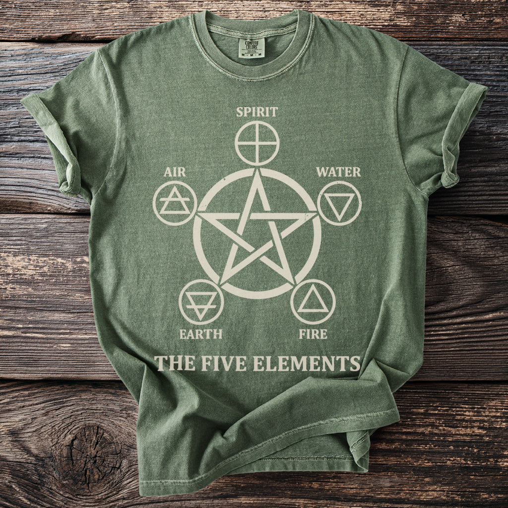 Green t-shirt with a pentagram and the words "Spirit," "Air," "Water," "Earth," "Fire," and "The Five Elements."