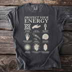 T-shirt with "PROTECT YOUR ENERGY" and nine symbolic graphics and phrases.