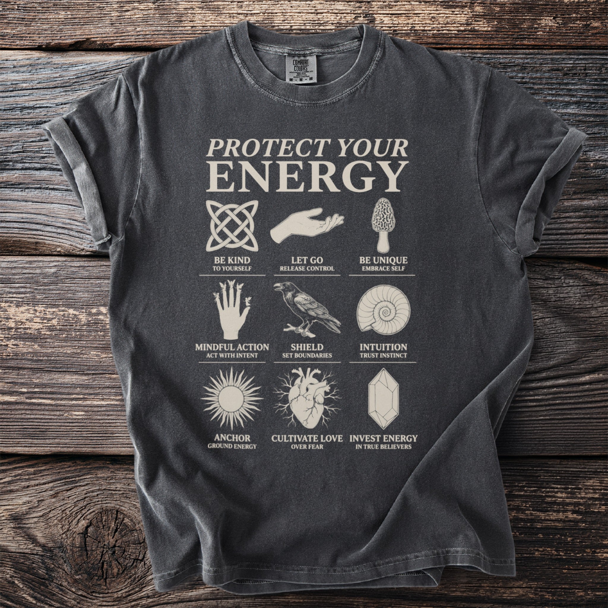 T-shirt with "PROTECT YOUR ENERGY" and nine symbolic graphics and phrases.