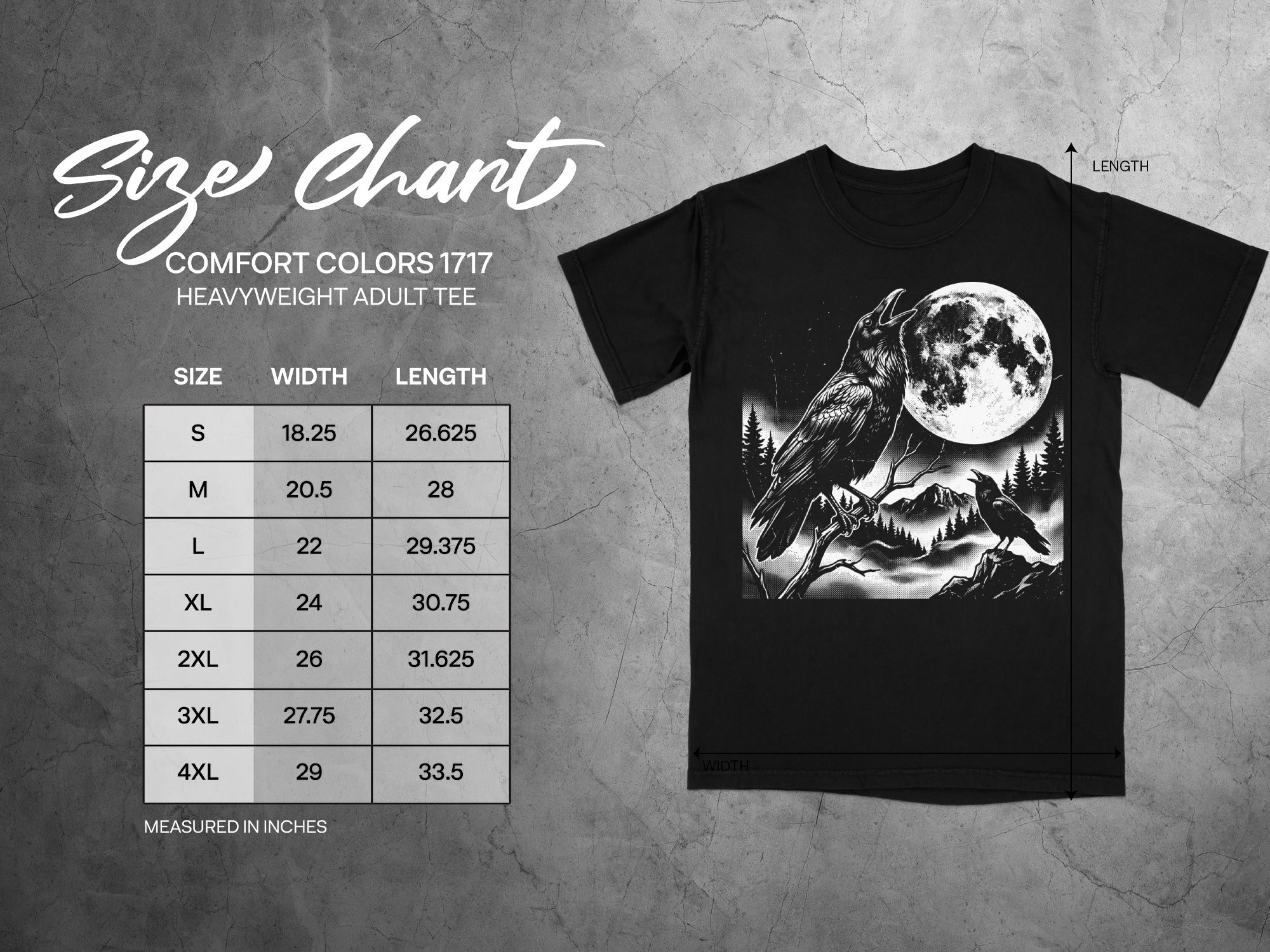 Comfort Colors 1717 adult heavyweight tee size chart with raven graphic.