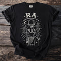 Black t-shirt with line art of Ra, Egyptian sun god, and hieroglyphs.