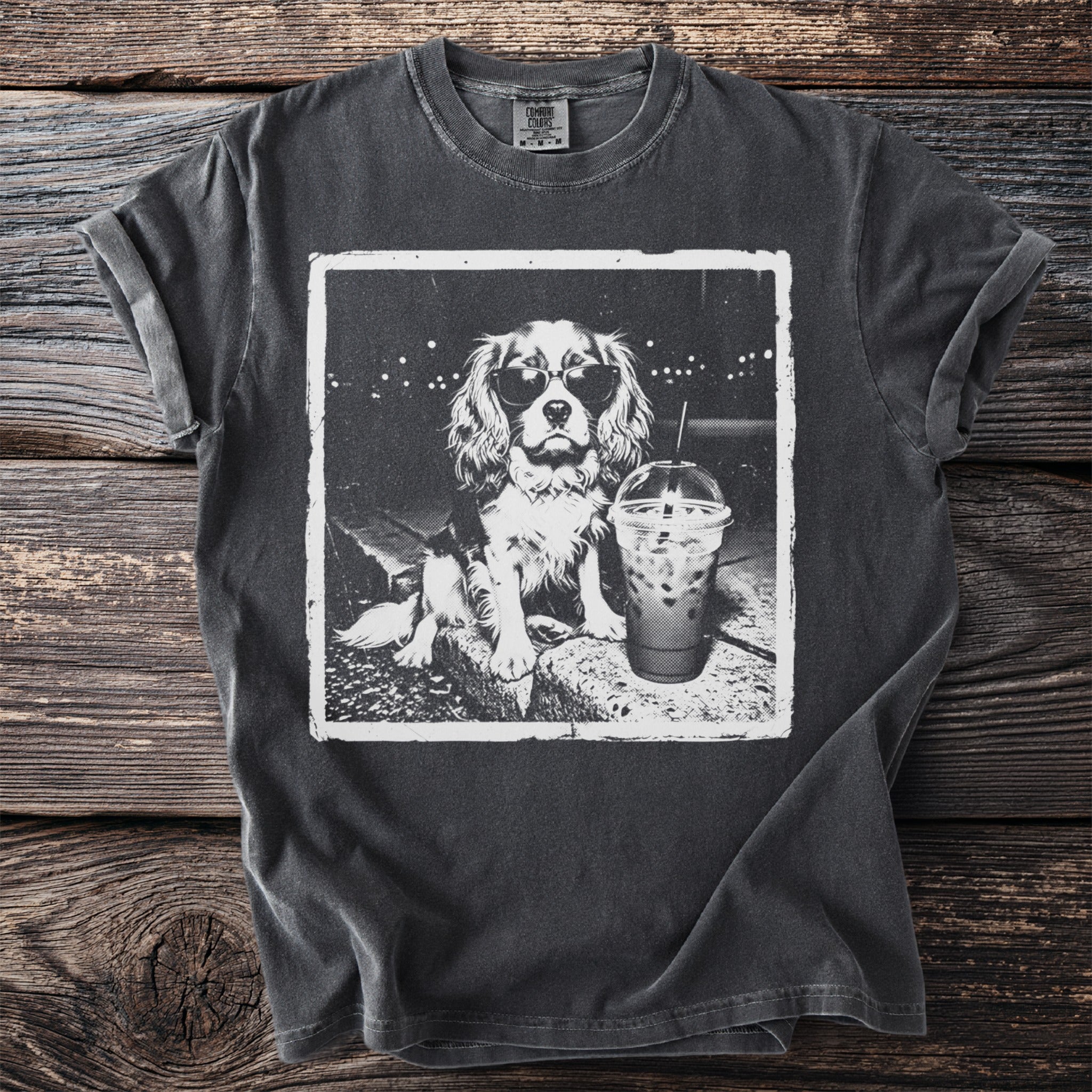 T-shirt graphic: Cavalier King Charles Spaniel wearing sunglasses with iced coffee.