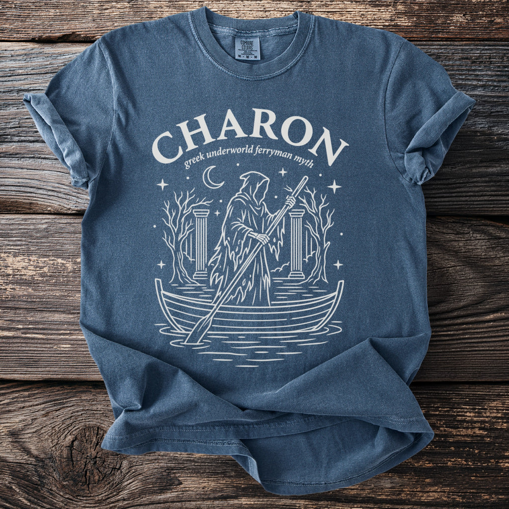 T-shirt with "CHARON greek underworld ferryman myth" graphic of a robed figure in a boat.