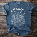 T-shirt with "CHARON greek underworld ferryman myth" graphic of a robed figure in a boat.