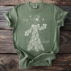 Green Comfort Colors t-shirt with white witch and floral design featuring "Oleander" and "English Yew" labels.