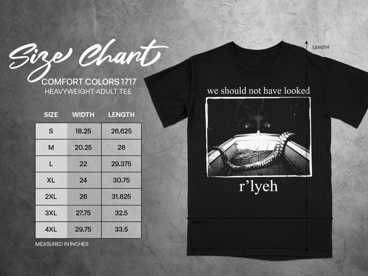 Black t-shirt with size chart and graphic of a tentacle.