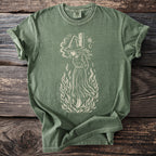 Green t-shirt with a cream graphic of a witch engulfed in flames.