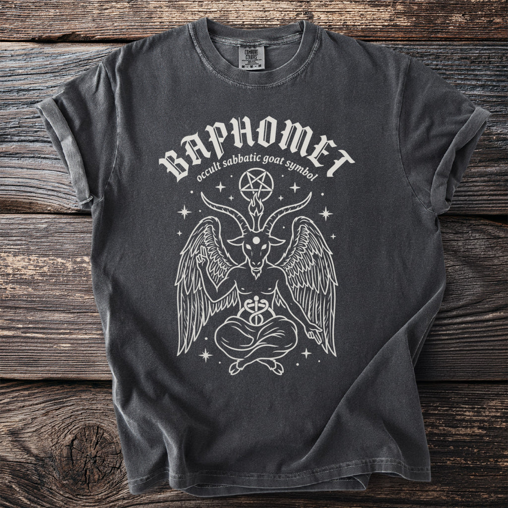Dark grey t-shirt with "BAPHOMET occult sabbatic goat symbol" text and Baphomet illustration.