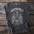 Dark grey t-shirt with "BAPHOMET occult sabbatic goat symbol" text and Baphomet illustration.