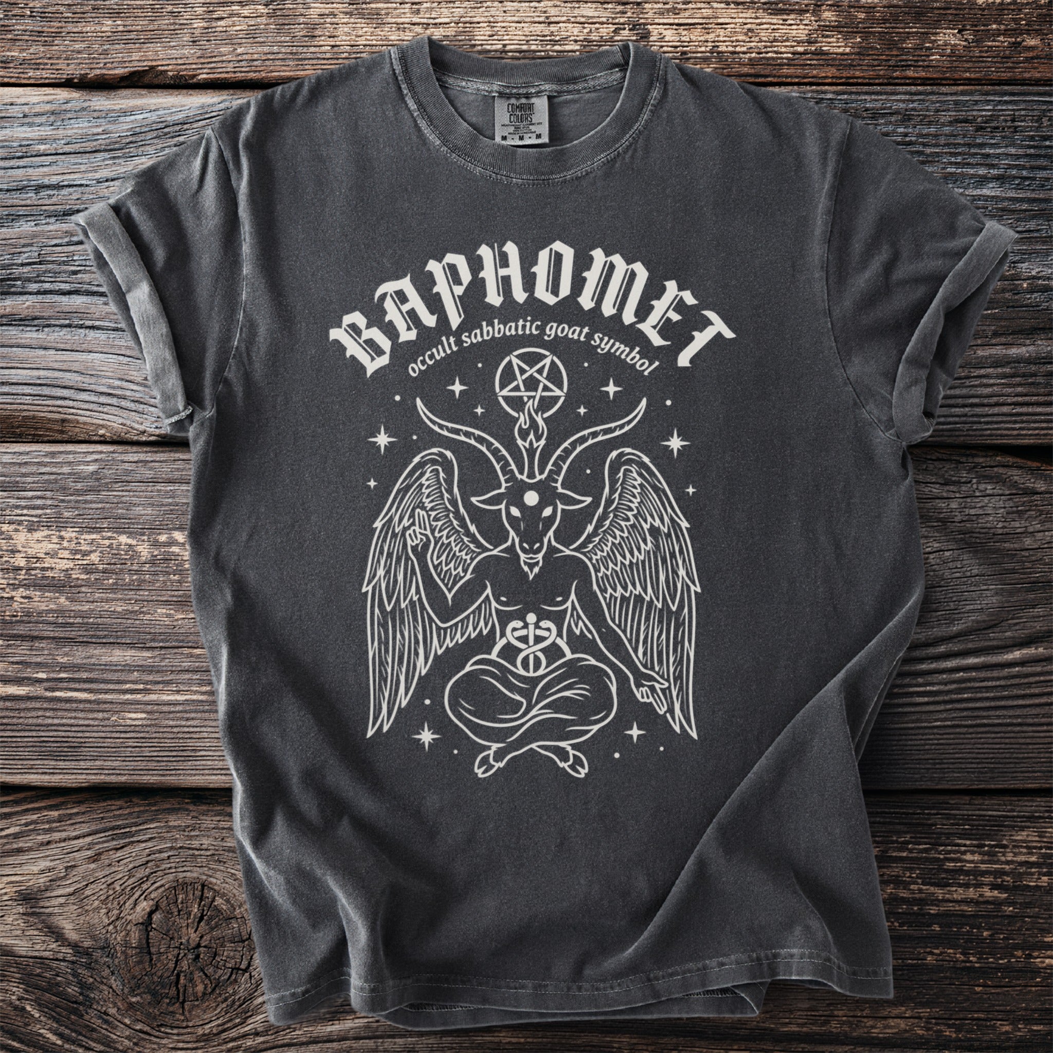 Dark grey t-shirt with "BAPHOMET occult sabbatic goat symbol" text and Baphomet illustration.