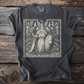 Valkyrie with shield and spear, flanked by ravens, beneath a crescent moon.