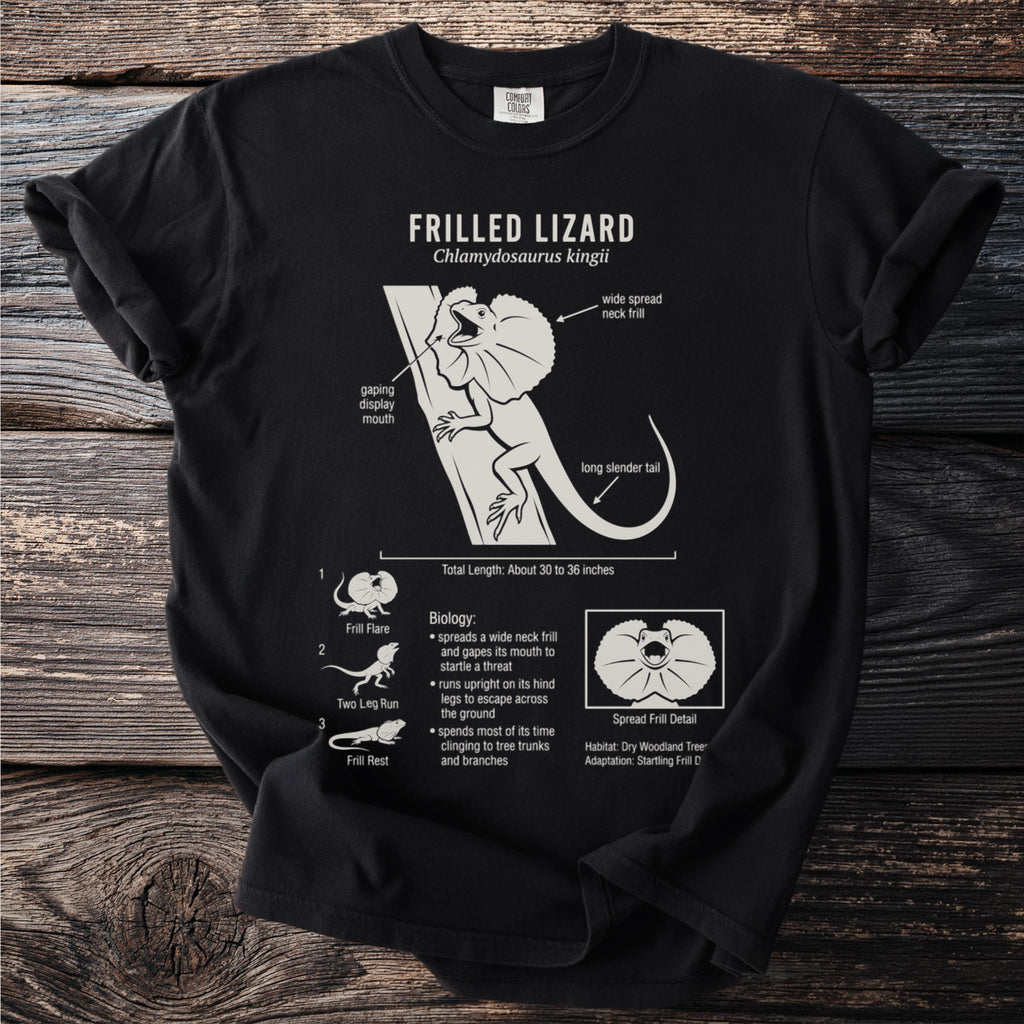 Black t-shirt with Frilled Lizard illustration and biology facts.