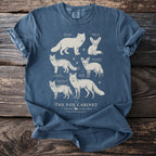 Blue t-shirt with illustrations of five fox species titled "The Fox Cabinet."