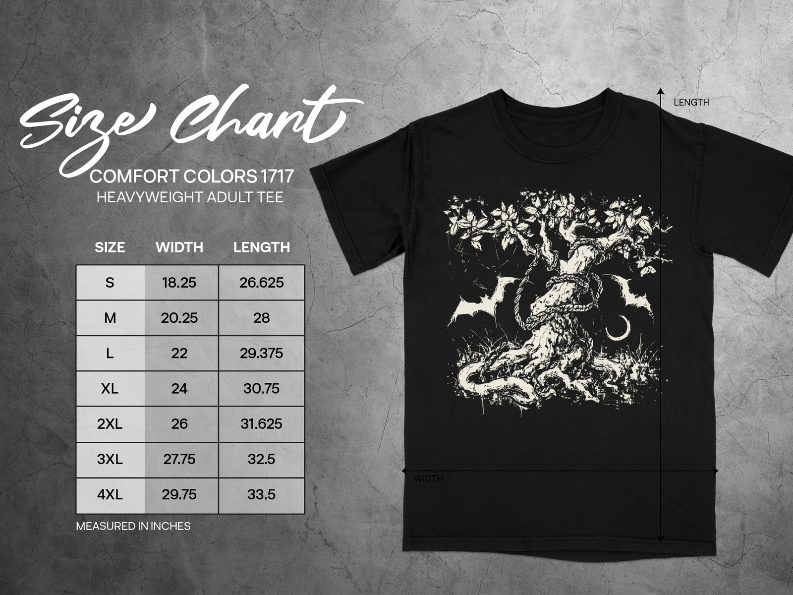Comfort Colors 1717 heavyweight adult tee size chart with width and length measurements.