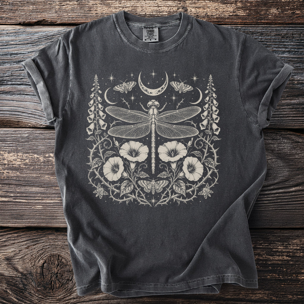 Dark gray t-shirt with a white celestial dragonfly, moths, moon, and floral design.
