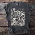 Gray t-shirt with Headless Horseman illustration, pumpkin, covered bridge, and trees.