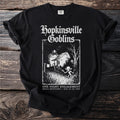 Black t-shirt with "Hopkinsville Goblins" and goblins around a house.