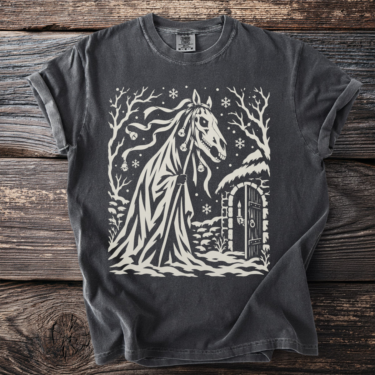 Grim skeletal horse in a flowing cloak stands by a stone doorway with a candle.