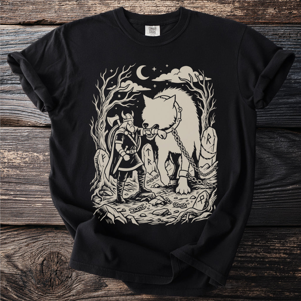 Viking with axe confronting chained wolf in a graveyard under a moonlit sky.